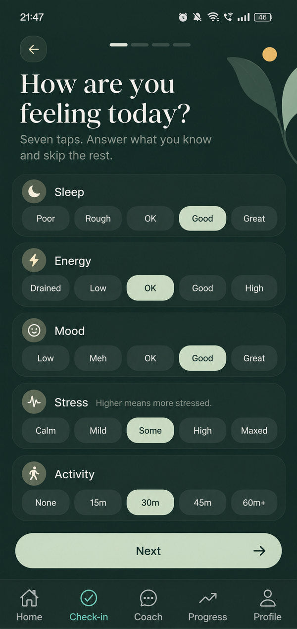 Dargano's daily check-in screen, asking 'How are you feeling today?' with five tap options each for sleep, energy, mood, stress and activity.