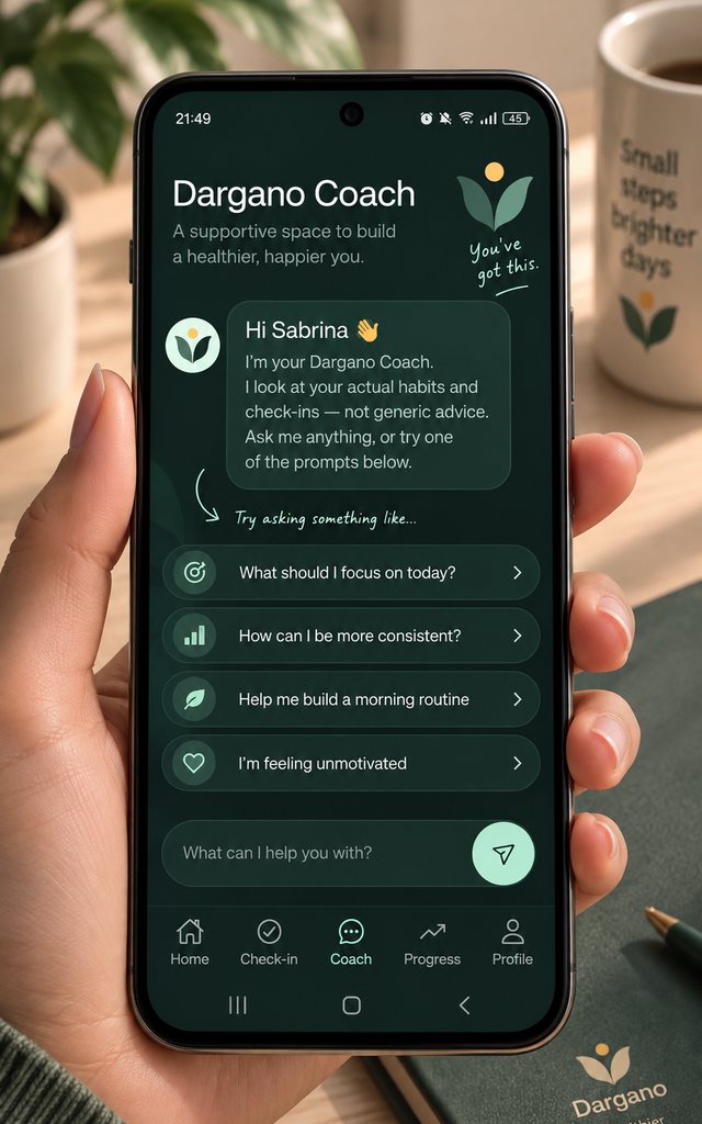 The Dargano Coach screen, greeting the user and offering suggested questions such as 'What should I focus on today?' and 'How can I be more consistent?'