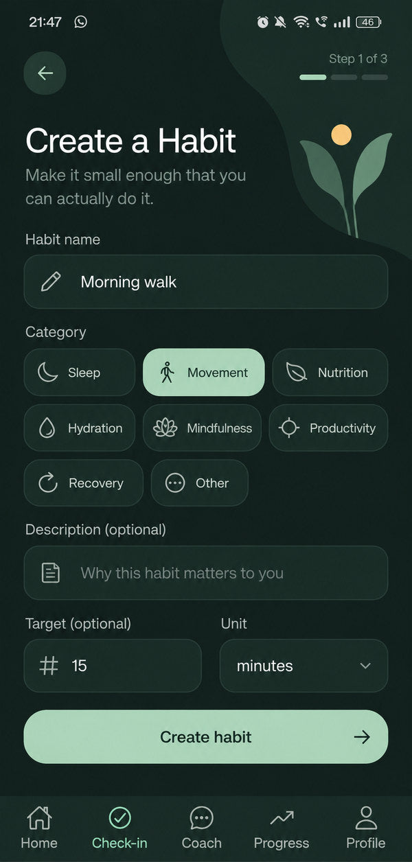 Dargano's Create a Habit screen, with a habit named Morning walk in the Movement category and a target of 15 minutes.
