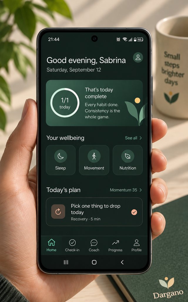 Dargano's Home screen on an Android phone held in one hand, showing today's habit complete, shortcuts for sleep, movement and nutrition, and today's plan.